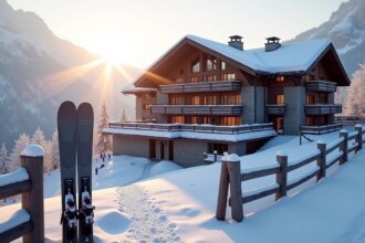 Lumière dorée sur la neige avec sommets majestueux à l'Alpe d'Huez
