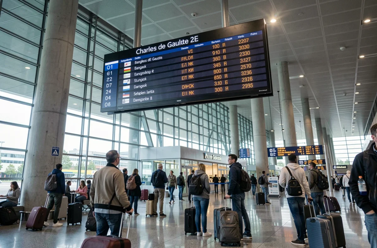 Tableau des départs de l'aéroport Charles de Gaulle affichant Bangkok comme destination avec des voyageurs et leurs bagages en premier plan
