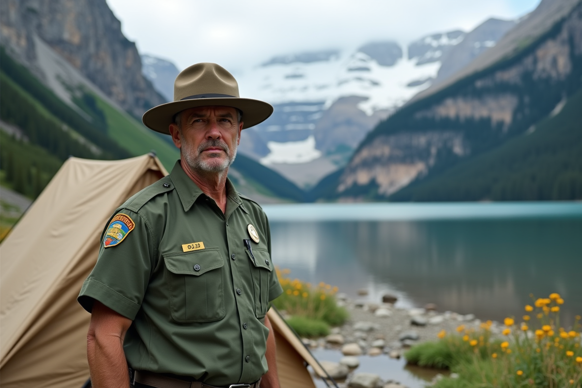 Agent de parc devant une tente au bord d