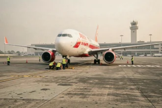 Avion Air India sur le tarmac d'un aéroport international avec équipe au sol lors des vérifications pré-départ