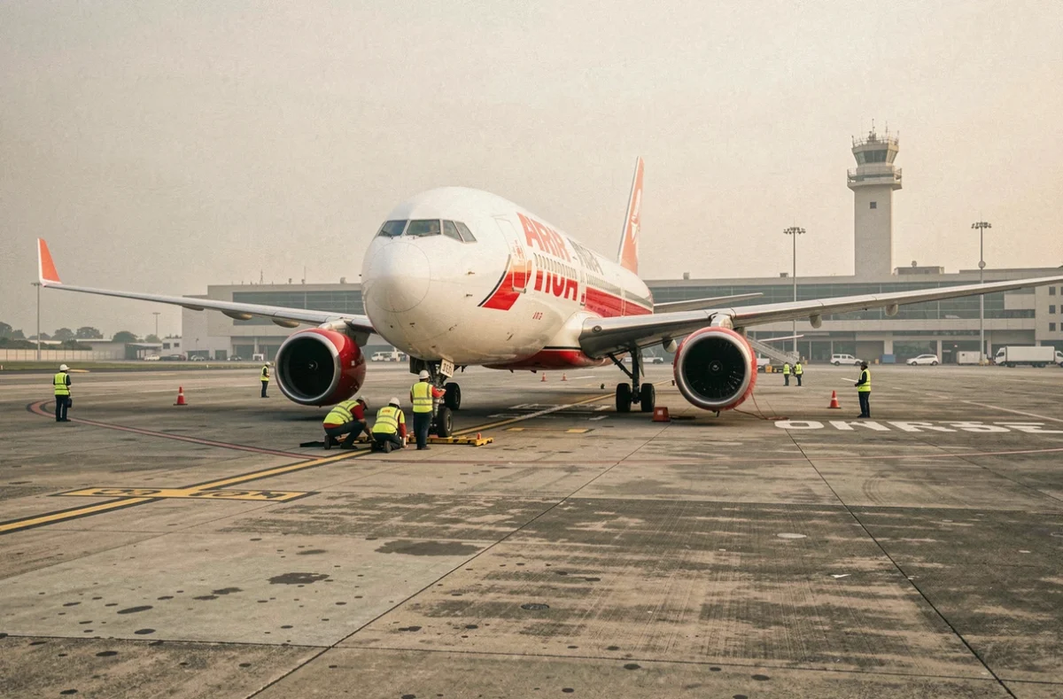 Avion Air India sur le tarmac d'un aéroport international avec équipe au sol lors des vérifications pré-départ