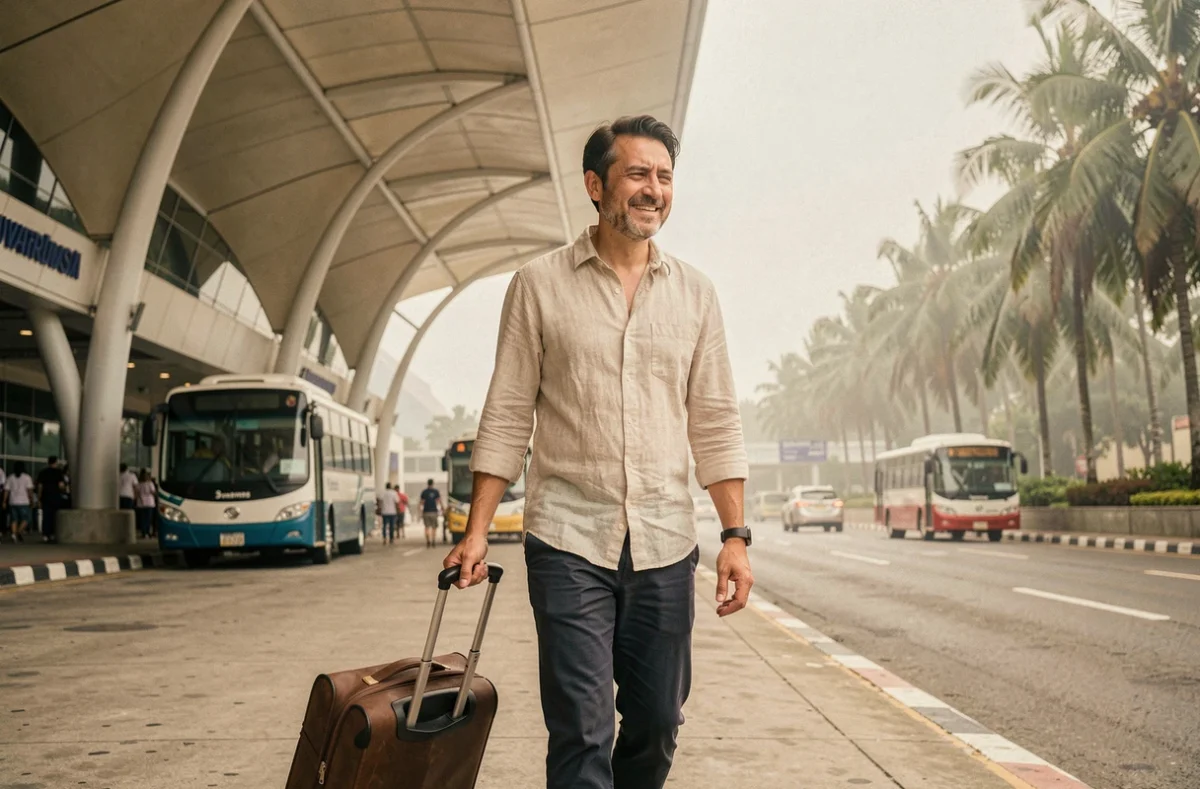 Voyageur fatigué mais soulagé sortant de l'aéroport de Suvarnabhumi à Bangkok avec sa valise après un long vol depuis Paris