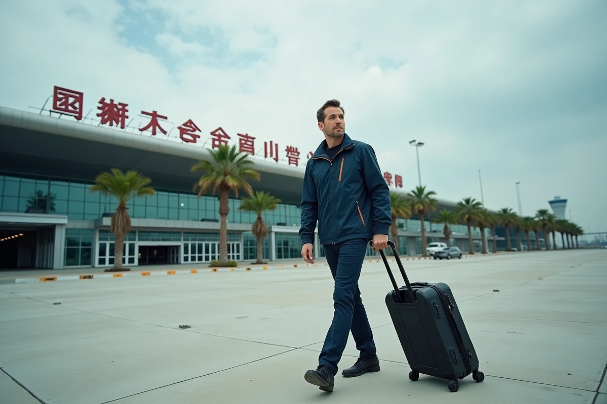 Voyageur occidental arrivant à l'aéroport international de Guangzhou Baiyun avec une valise, façade moderne en verre et acier visible en arrière-plan