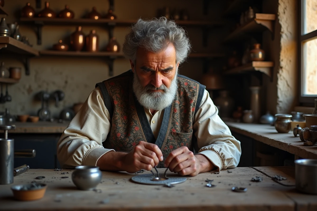 Artisan iranien barbu travaillant l'argent dans un atelier traditionnel à Hamadan, Iran, bijouterie artisanale et objets en métal sur étagères en pierre