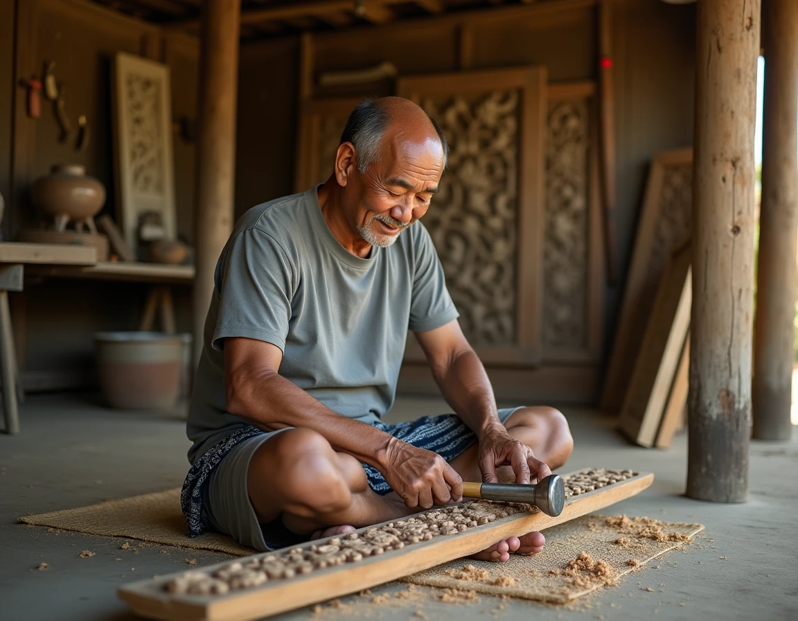 Artisan balinais sculptant un panneau en bois avec des motifs floraux dans un atelier traditionnel en plein air à Bali, Indonésie
