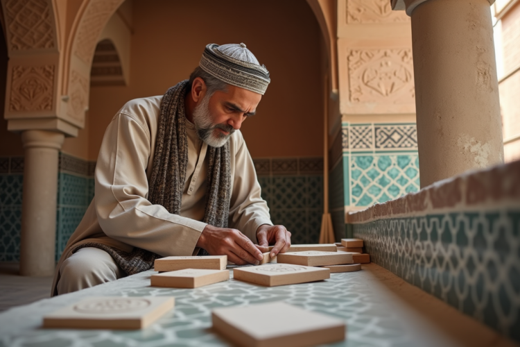 Artisan marocain façonnant des carreaux zellige traditionnels