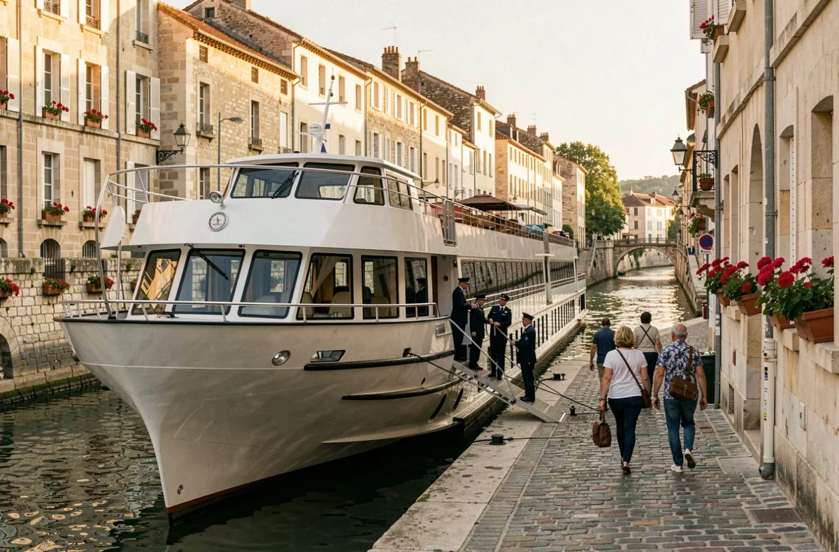 Bateau de croisière fluviale amarré sur un quai en pierre dans une ville fluviale française
