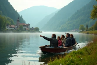 Bateau écotouristique naviguant sur le Rhin avec des vignobles en arrière-plan dans une vallée brumeuse