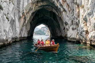 Bateau de touristes entrant dans une grotte marine de Polignano a Mare avec des eaux turquoise et des falaises calcaires blanches