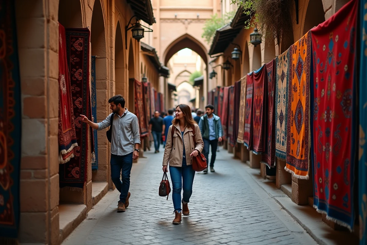 Couple de voyageurs explorant les ruelles du bazar historique d'Ispahan, Iran, tapis persans colorés suspendus sous des arches en brique