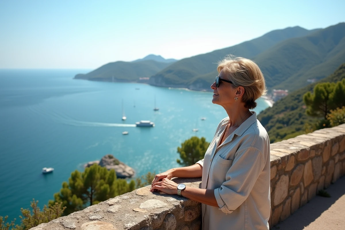 Femme admirant le panorama sur le golfe d'Ajaccio depuis un belvédère sur la route N196 en Corse