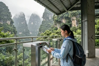 Touriste chinoise scannant un billet QR code à l'entrée de la télécabine de Tianmen Mountain à Zhangjiajie, avec les falaises karstiques brumeuses en arrière-plan