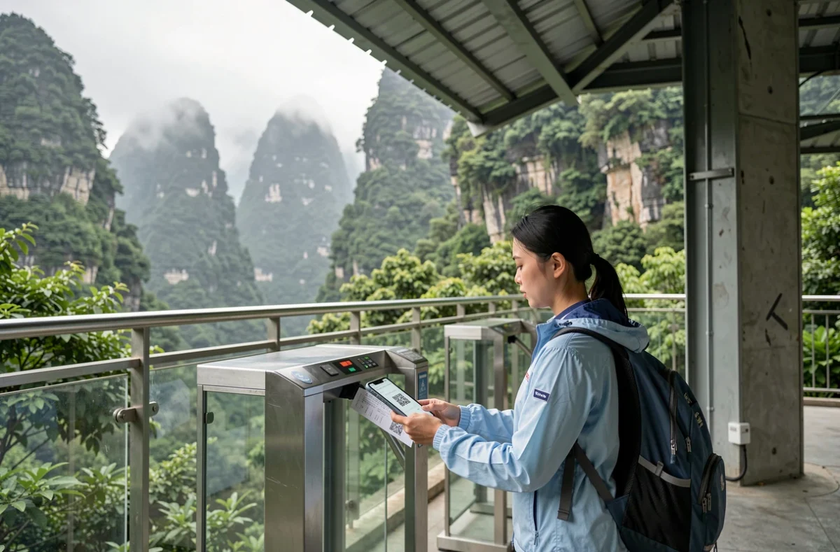 Touriste chinoise scannant un billet QR code à l'entrée de la télécabine de Tianmen Mountain à Zhangjiajie, avec les falaises karstiques brumeuses en arrière-plan