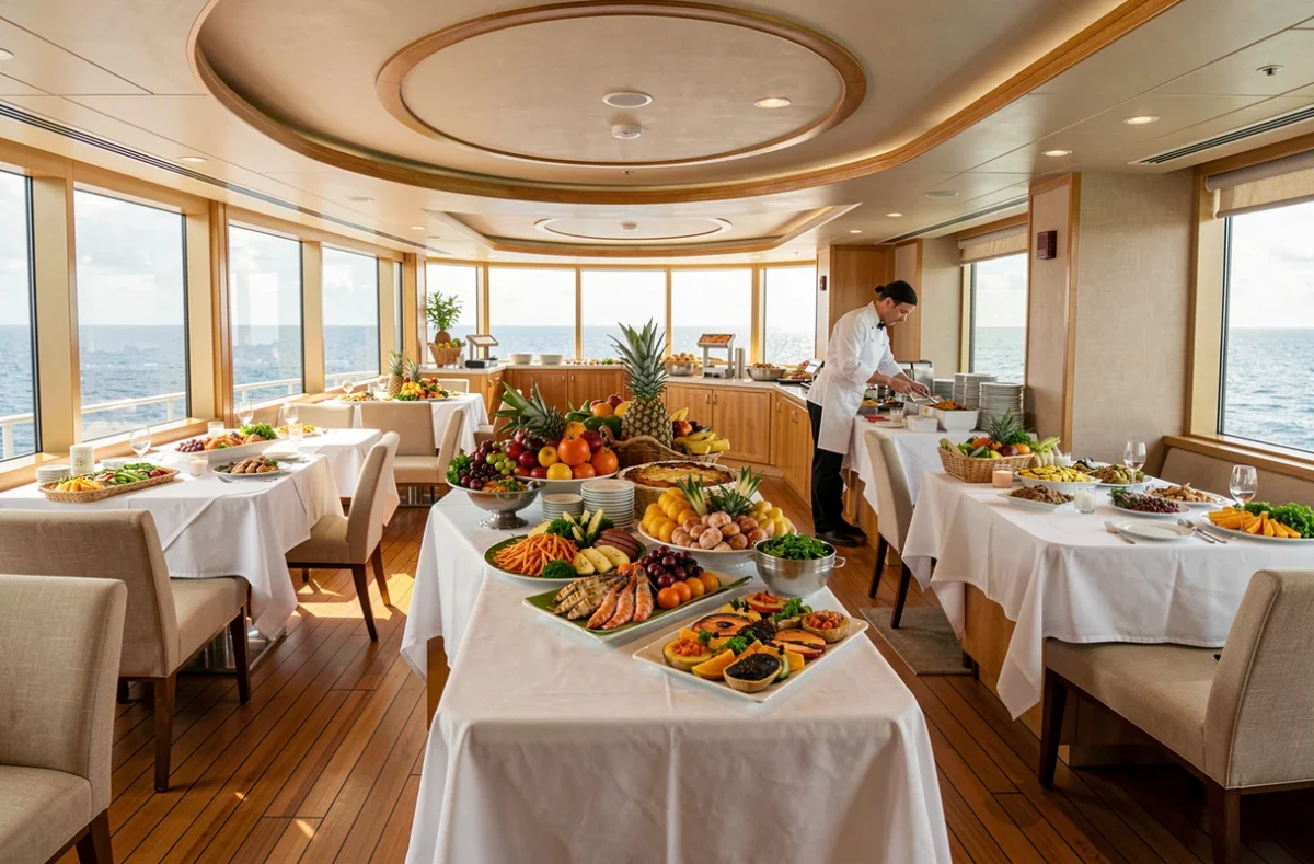 Restaurant buffet tout inclus à bord d'un paquebot de croisière dans les Caraïbes avec vue panoramique sur l'océan