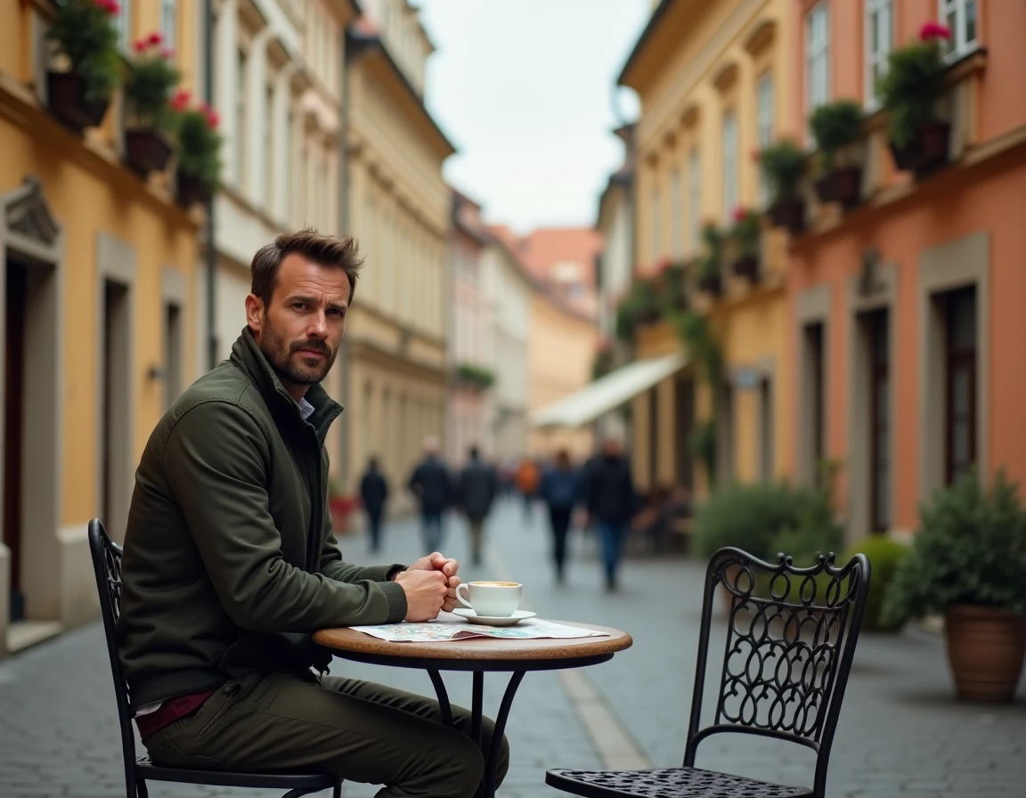 Homme attablé dans un café de rue du quartier Malá Strana à Prague avec une carte de la ville et une tasse de café sur les pavés historiques