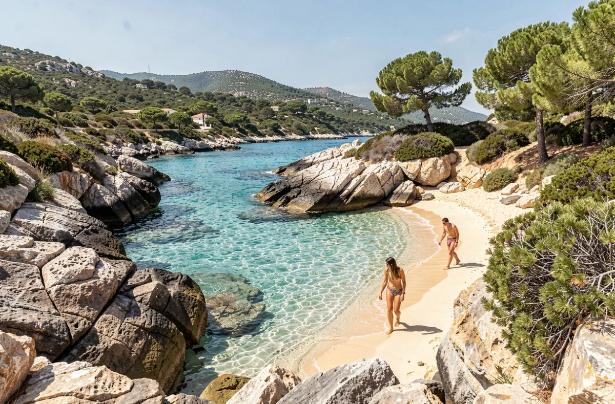 Calanque naturelle à Majorque avec eau turquoise, rochers calcaires et couple en maillot de bain explorant le rivage