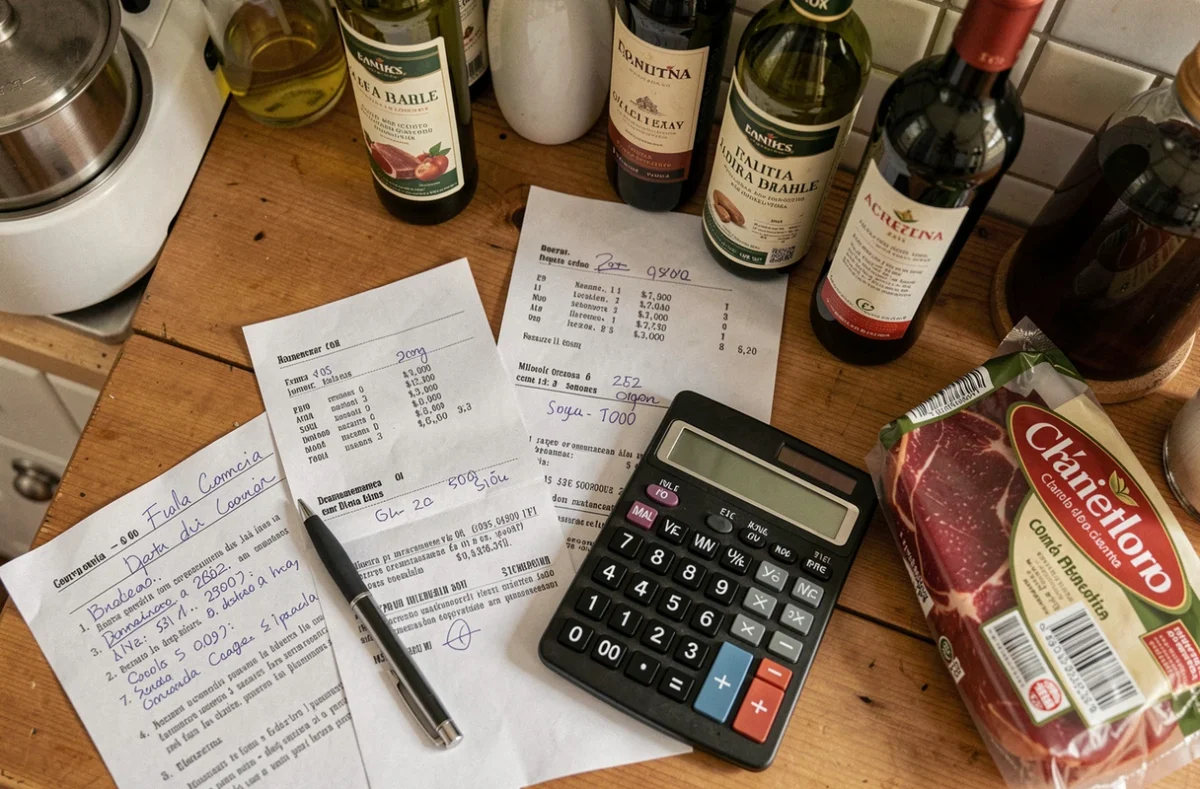 Comparaison des prix et calcul de rentabilité des courses mensuelles en Espagne à Dancharia, reçus et notes manuscrites sur table