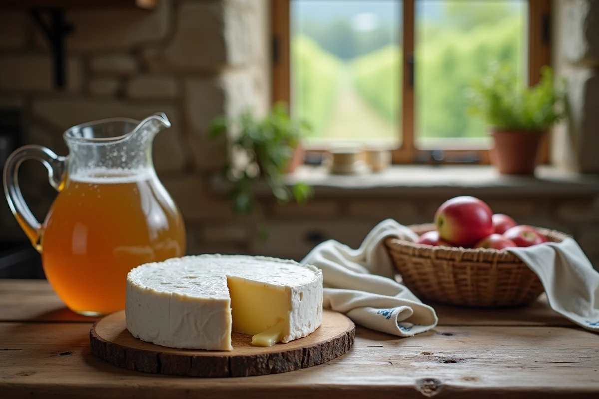 Gros plan d'un camembert de Normandie coupé avec cidre artisanal et pommes sur table en bois rustique