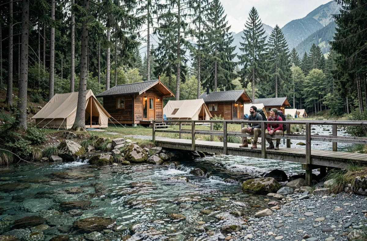 Camping Au Clair Ruisseau avec bungalows en bois au bord d'un ruisseau limpide entouré de pins dans les Vosges