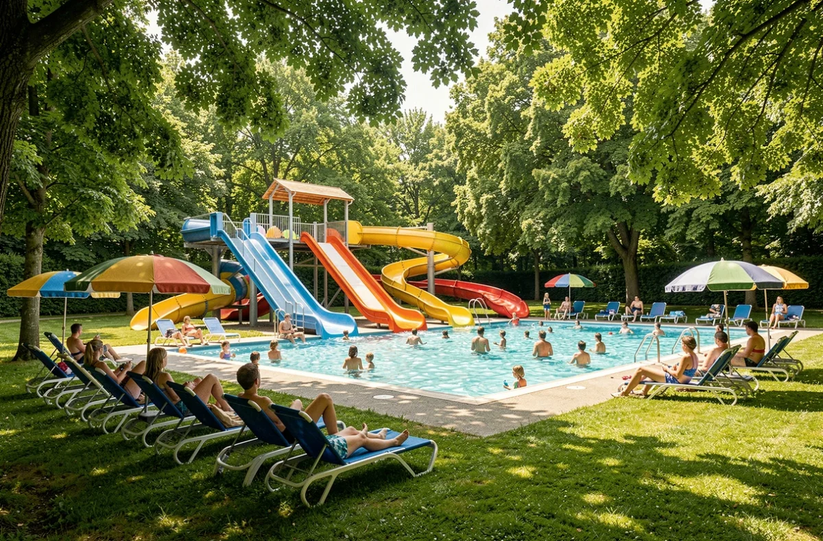 Camping Capfun Mirabelle avec parc aquatique coloré, toboggans et piscine entourés de pelouses et familles en vacances en Lorraine