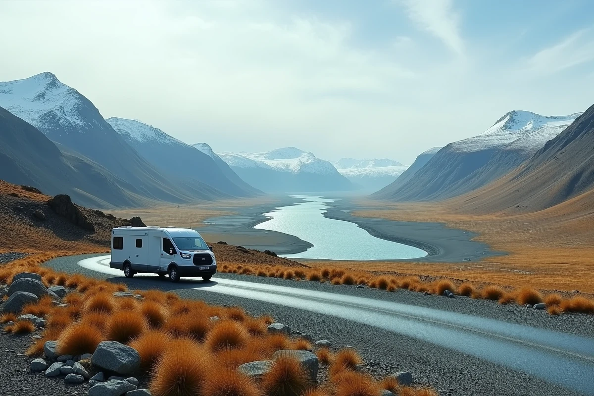 Camping-car garé sur une route de gravier dans les Hautes Terres d'Islande face à une rivière glaciaire turquoise en été