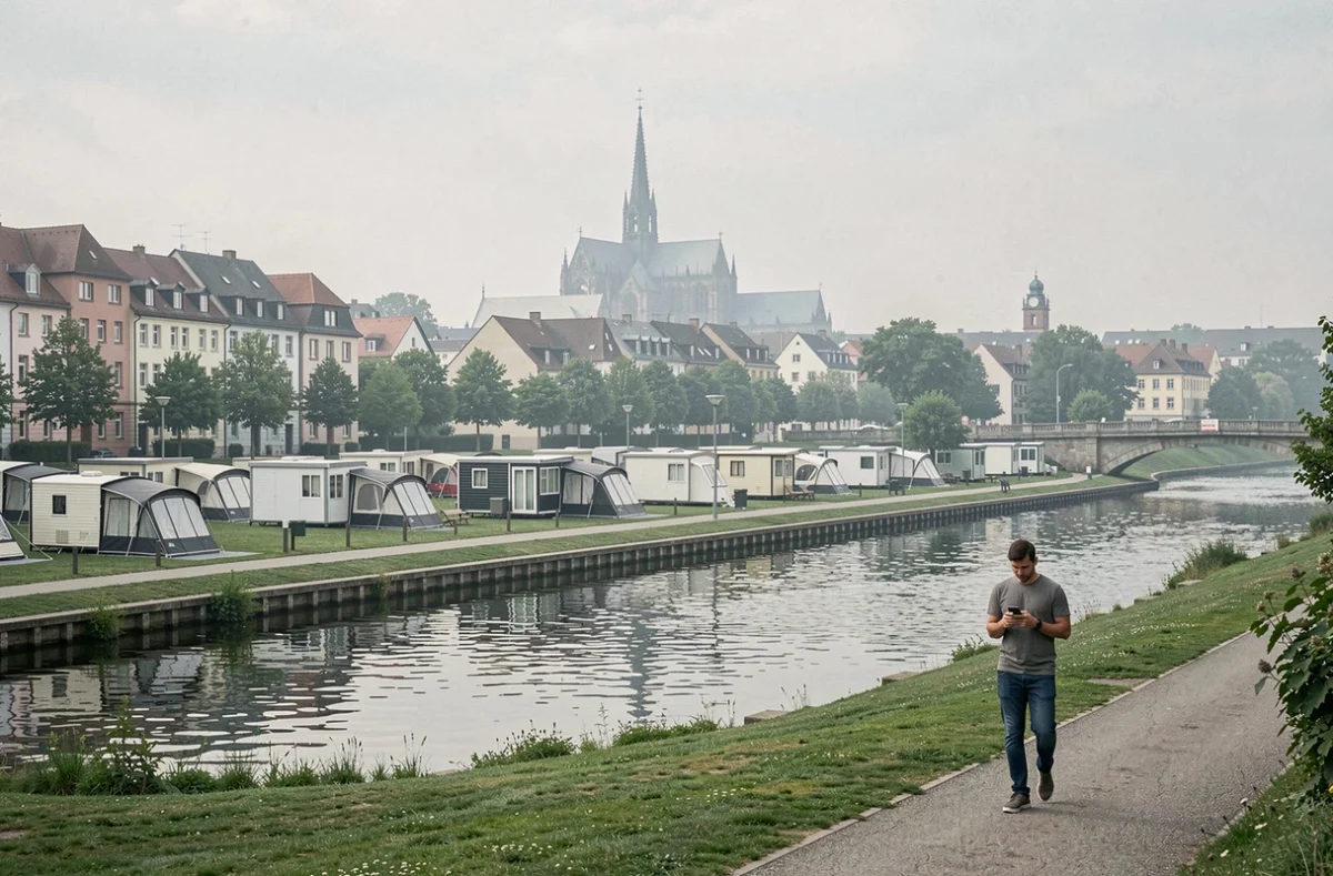 Camping de Strasbourg avec emplacements modernes au bord d'un canal et silhouette de la cathédrale de Strasbourg visible à l'horizon