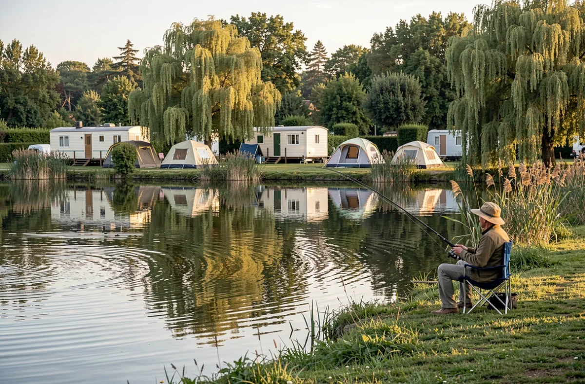 Camping Étang de la Mutche avec emplacements au bord d'un étang paisible entouré de saules pleureurs en Lorraine