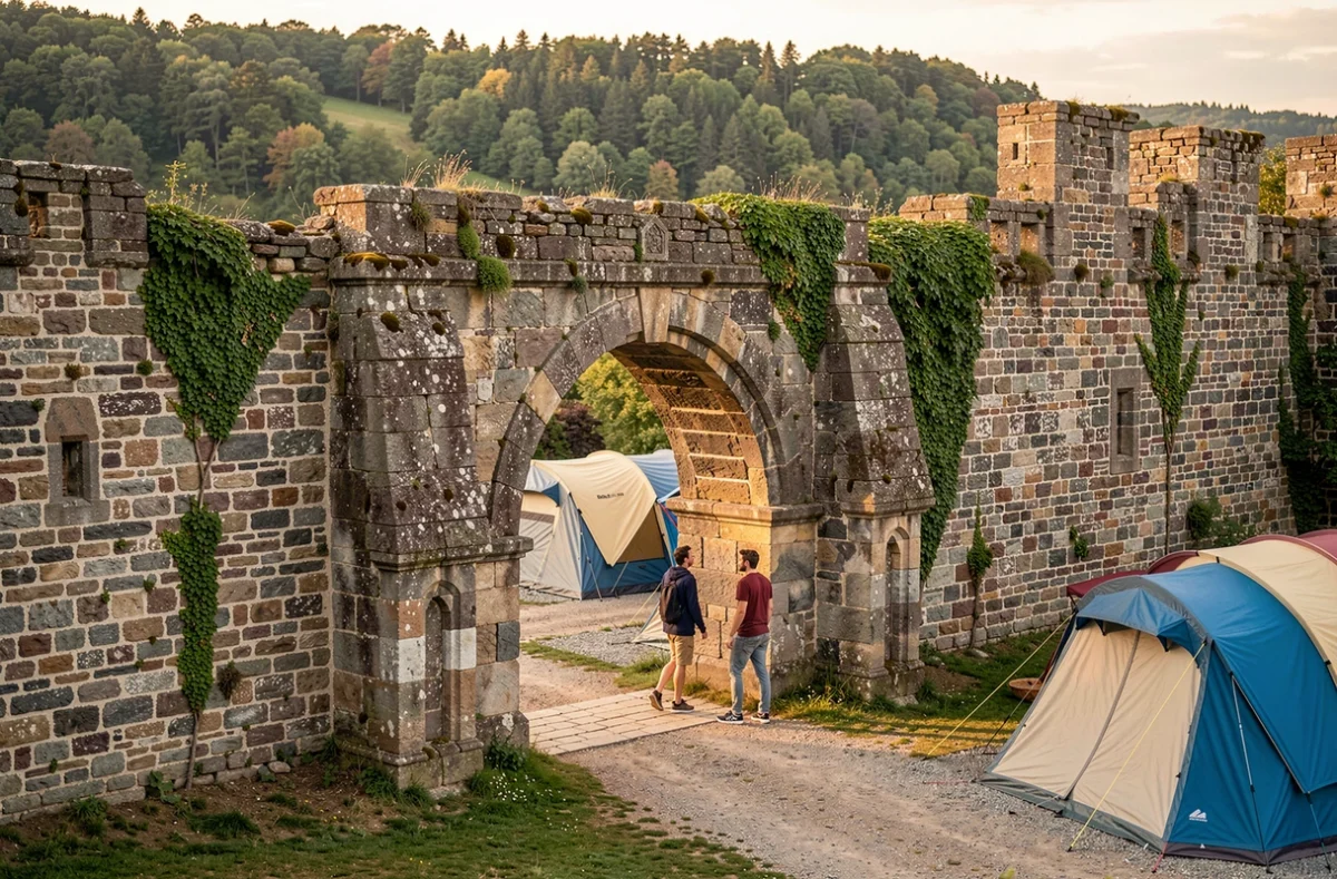 Camping Fort Falabraque avec tentes modernes installées autour de ruines de fortifications historiques en pierre couverts de lierre