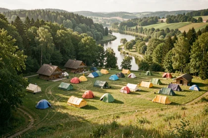 Vue panoramique d'un camping dans le Grand Est avec tentes colorées, chalets en bois et forêt alsacienne en arrière-plan