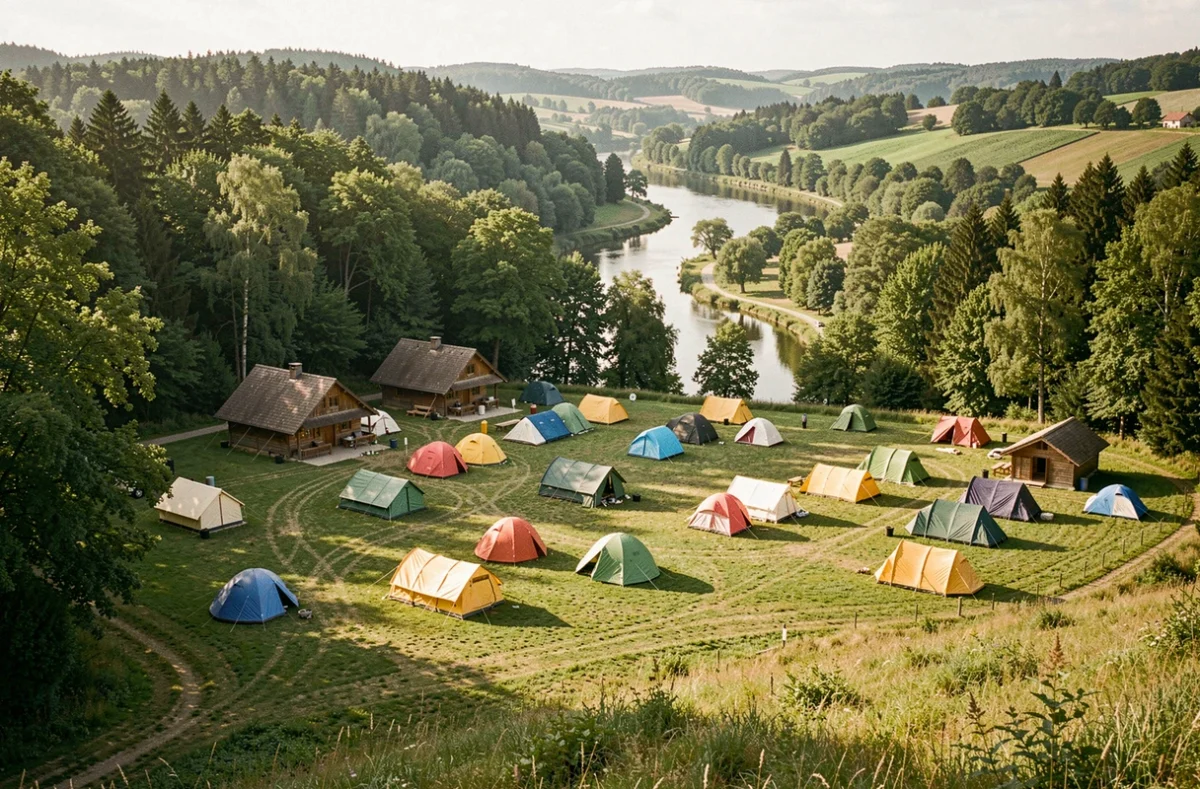 Vue panoramique d'un camping dans le Grand Est avec tentes colorées, chalets en bois et forêt alsacienne en arrière-plan