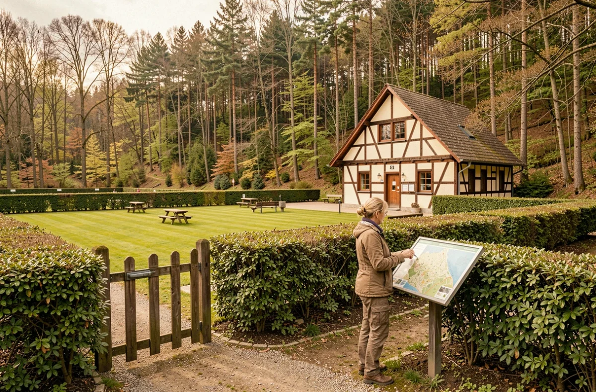 Camping La Tensch Jolie avec emplacements soignés, haies bien taillées et bâtiment alsacien à colombages à l'entrée