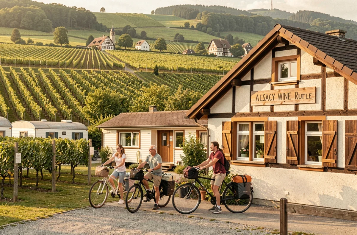 Camping Seasonova Les Portes d'Alsace avec vignobles en terrasse en arrière-plan et famille arrivant à vélo à l'entrée du site