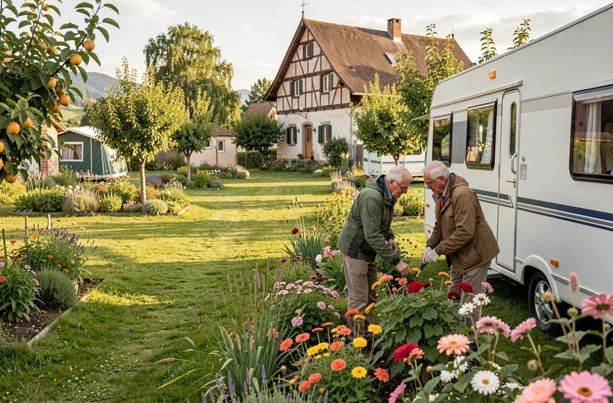 Camping Suzel avec emplacements intimes entourés de jardins fleuris et pommiers dans un cadre de village alsacien typique