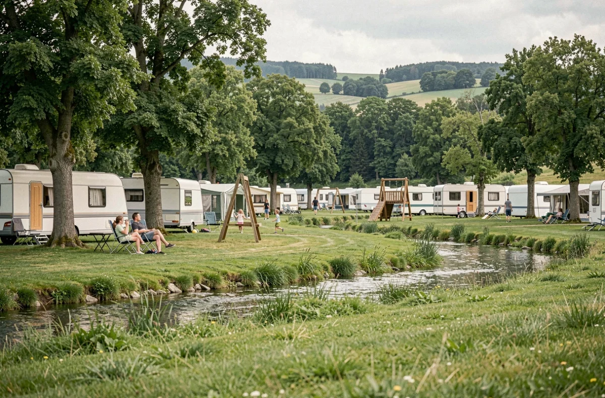 Camping Verte Vallée avec emplacements verdoyants, caravanes familiales et ruisseau traversant un vallon boisé en Alsace