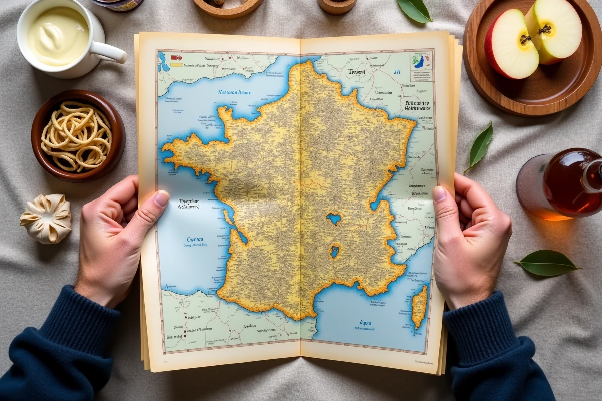 Carte de Normandie illustrée entourée de produits du terroir normand : fromages, pommeau et crème fraîche