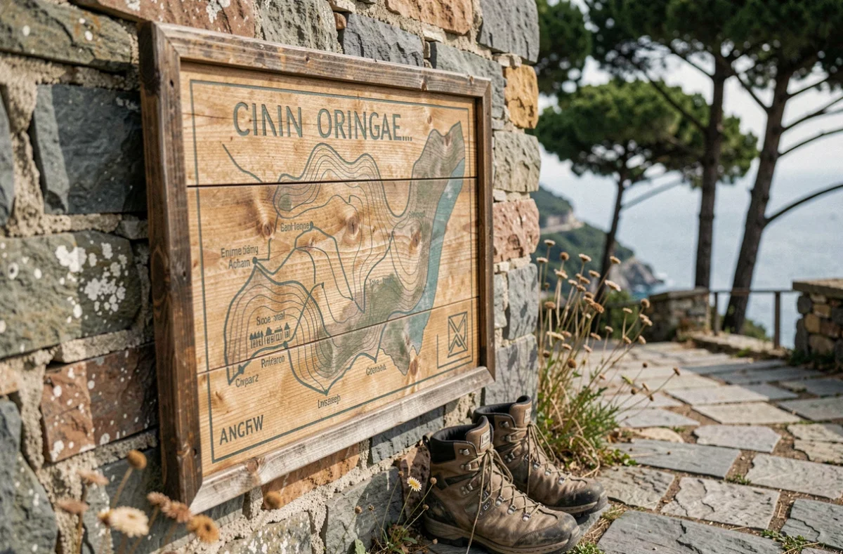 Panneau de carte topographique en bois au départ d'un sentier des Cinq Terres montrant les cinq villages et les chemins côtiers