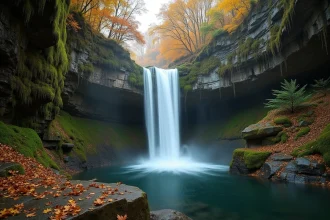 Cascade de la Vis en automne avec feuillage coloré et roches calcaires moussues dans les gorges du Gard