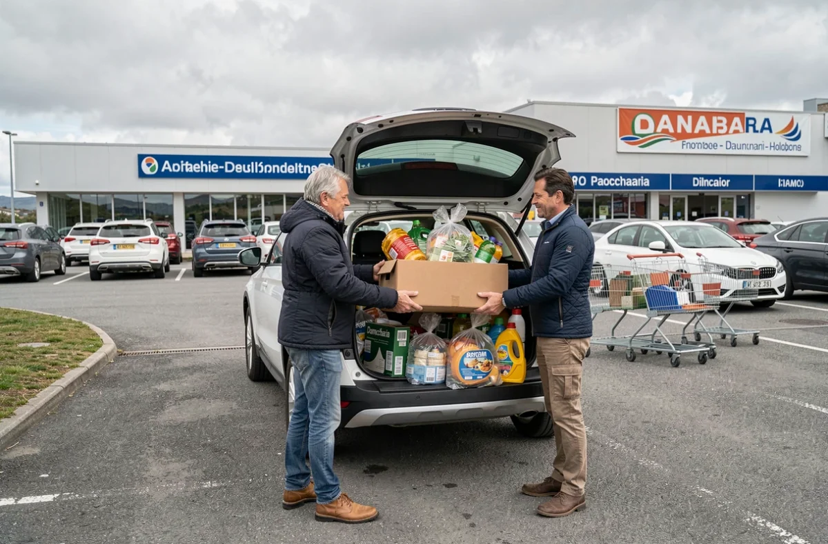Couple français chargeant des achats dans le coffre de leur voiture après des courses transfrontalières à Dancharia en Espagne