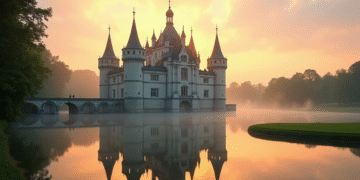 Chateau de Chambord au lever du soleil reflet dans l'eau