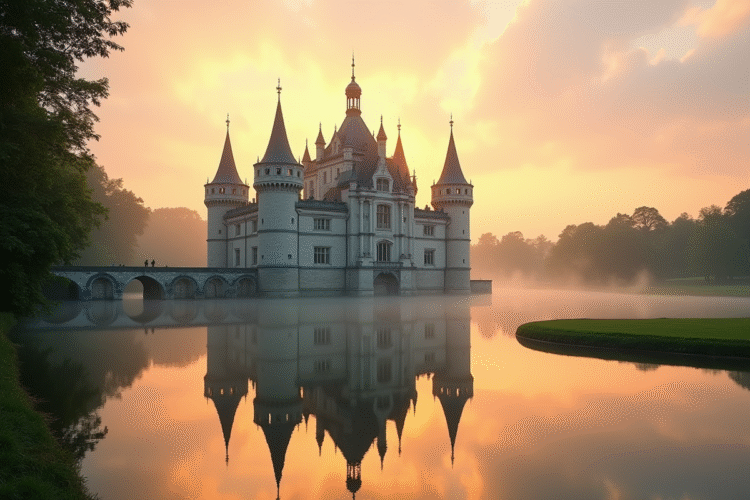 Chateau de Chambord au lever du soleil reflet dans l'eau
