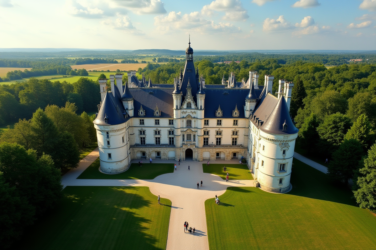 Vue aérienne du Château de Chambord en été avec visiteurs