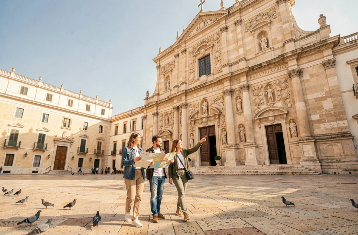Groupe de touristes traversant la place de la cathédrale baroque de Lecce dans les Pouilles avec la façade ornée en pierre de Lecce en arrière-plan
