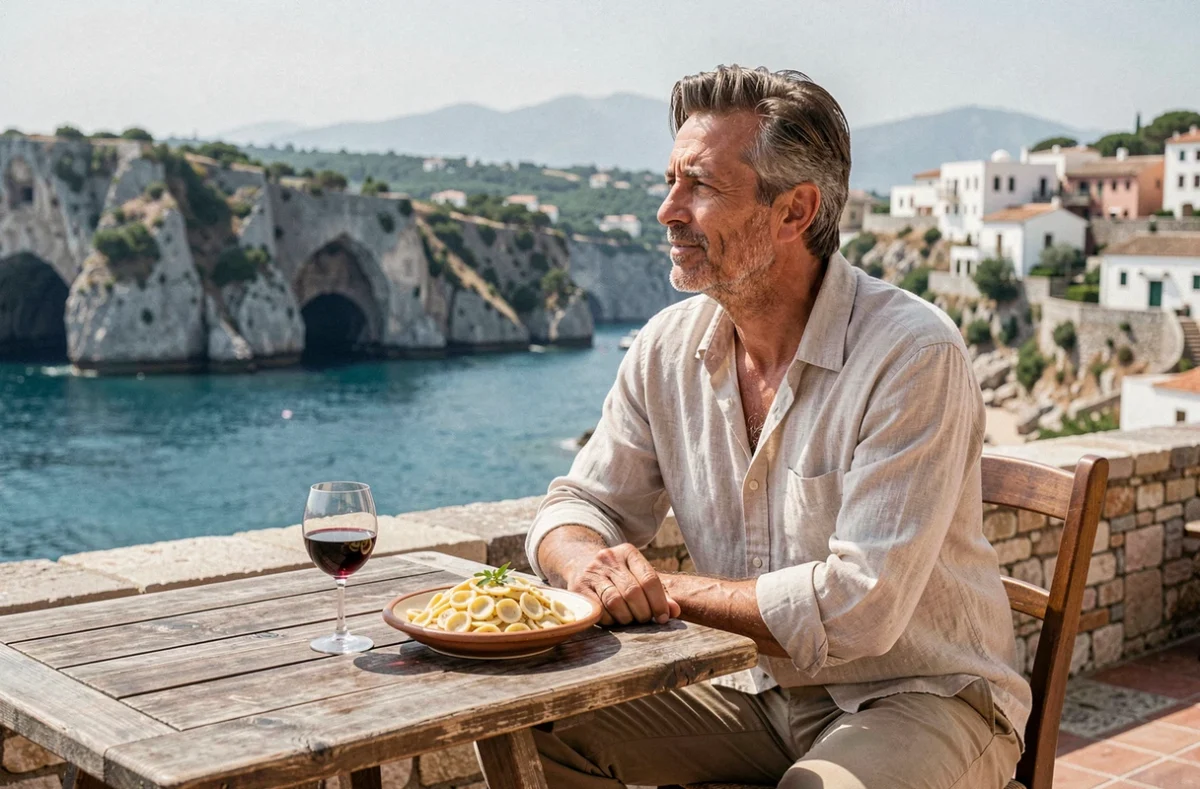 Homme attablé en terrasse face à la mer Adriatique à Polignano a Mare dans les Pouilles avec des orecchiette et du vin Primitivo