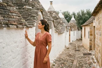 Femme en robe de lin terracotta touchant le mur d'un trullo à Alberobello dans les Pouilles, Italie