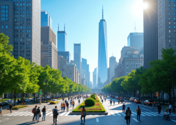 Vue d'une ville animée avec gratte-ciel et parcs verts