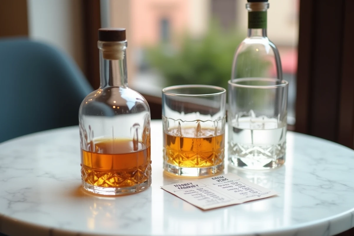Comparaison de verres de whisky, rhum et vodka avec étiquettes de prix en euros sur une table de café espagnol