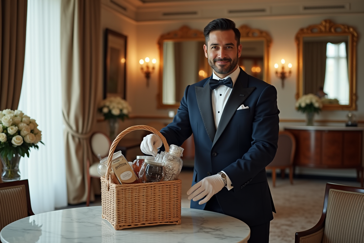 Concierge présentant un panier de bienvenue dans une suite d