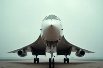 Vue en contre-plongée du Concorde Air France sur le tarmac, aile delta et nez caractéristiques visibles