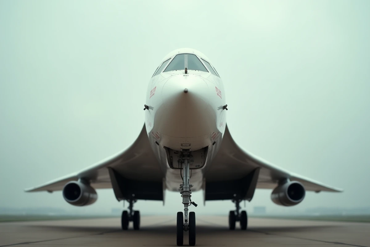 Vue en contre-plongée du Concorde Air France sur le tarmac, aile delta et nez caractéristiques visibles