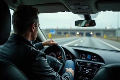 Homme en voiture au tunnel sous la Manche